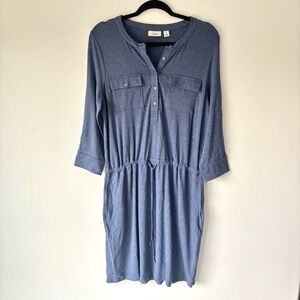L.L. Bean Blue Long Sleeve Midi Dress Drawstring Waist Henley Button Front